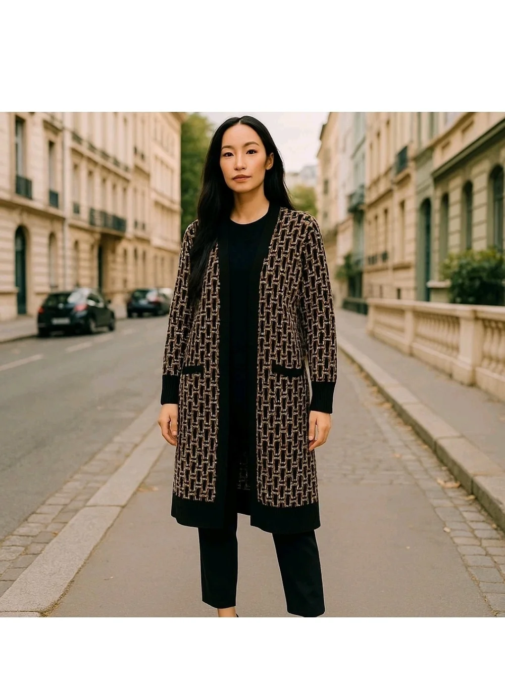 Chico's Black and Brown Geometric Knit Long Cardigan